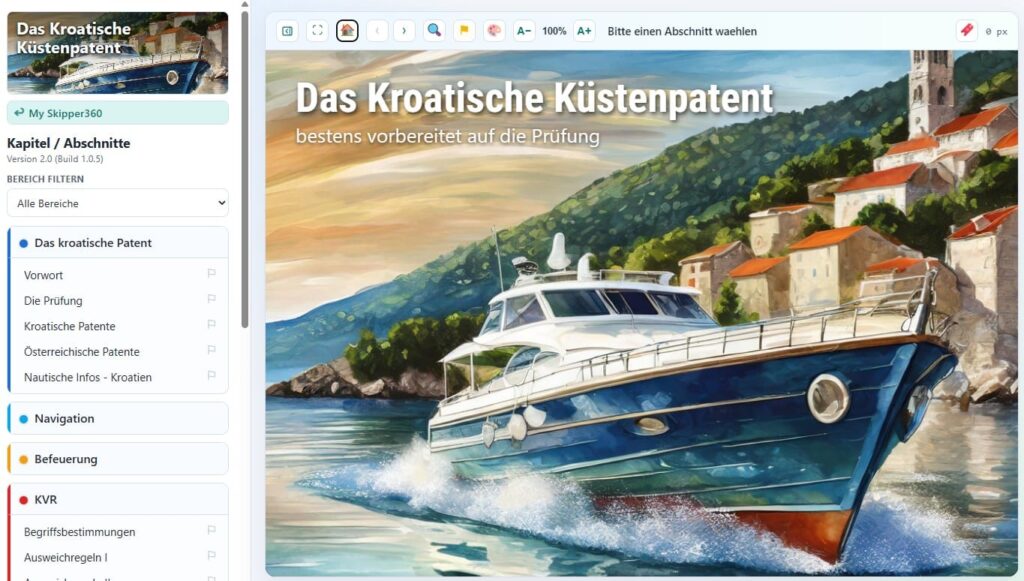 Kroatisches Küstenpatent Web-App von Blue-2: Startseite mit Kapitelliste (Das kroatische Patent, Navigation, Befeuerung, KVR)