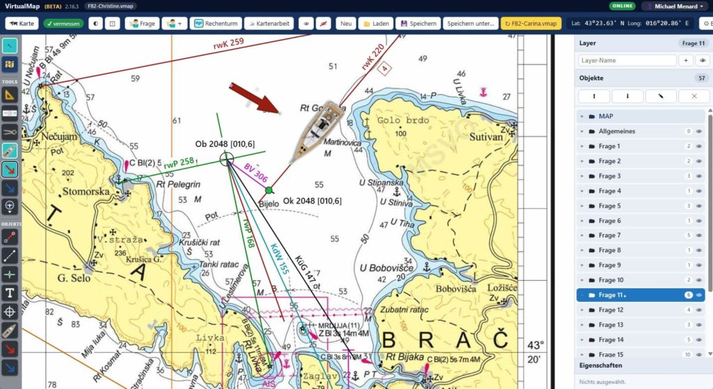 Virtual Map 2.0: Ortsbestimmung mit Peilungen, Kurs gegen Grund und Boot mit Windpfeil auf der Seekarte