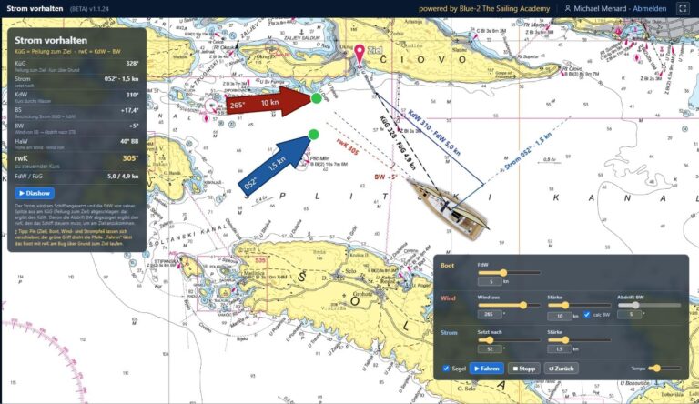 Skipper Toolbox: Strom vorhalten, zu steuernder Kurs mit Wind und Strom berechnet